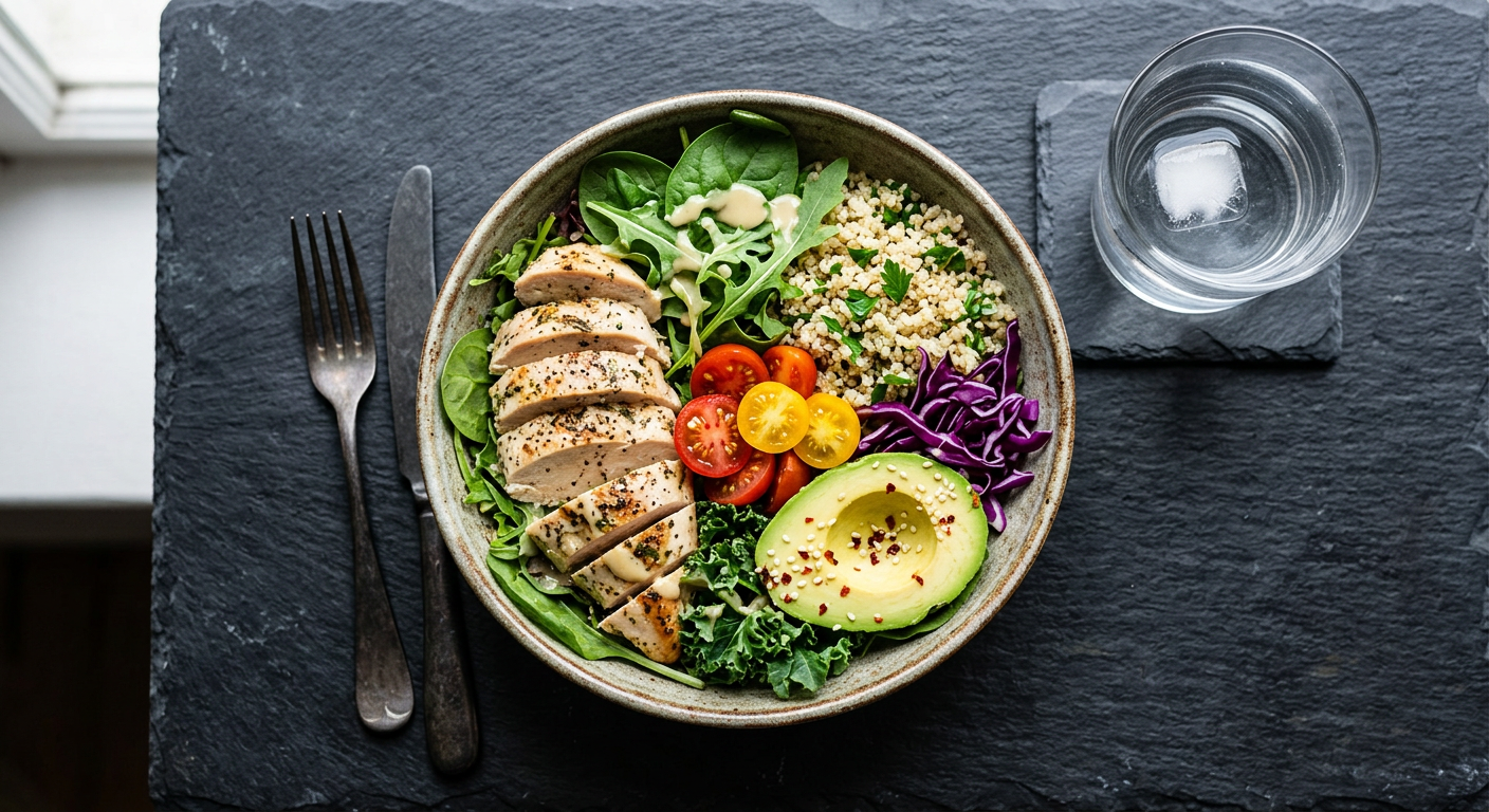 Balanced meal bowl with chicken, quinoa, avocado and greens