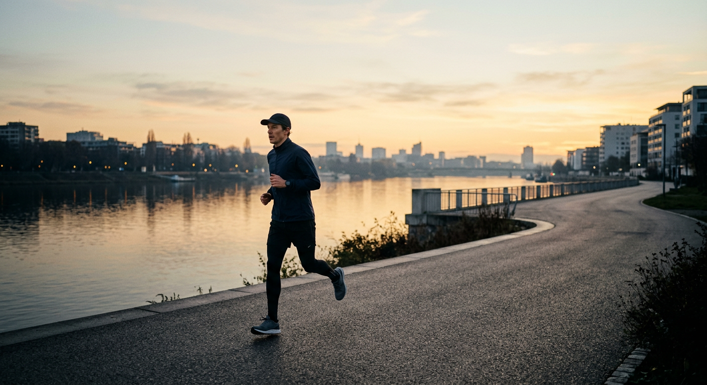 Person jogging on a riverside path at sunrise
